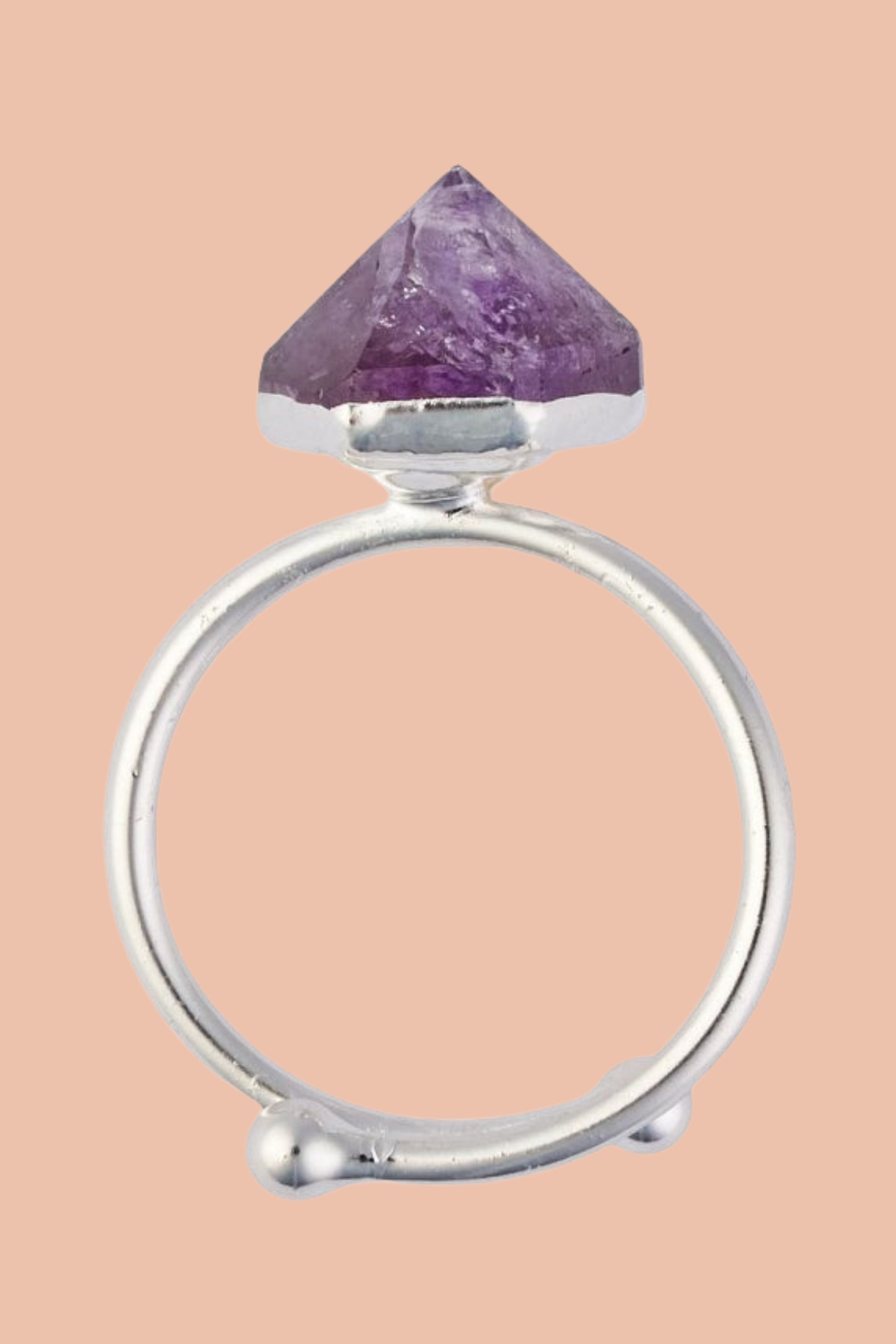 Amethyst Point Adjustable Ring, Silver Plated by Meraki Beach - Wear Your Energy Crystal Collection.