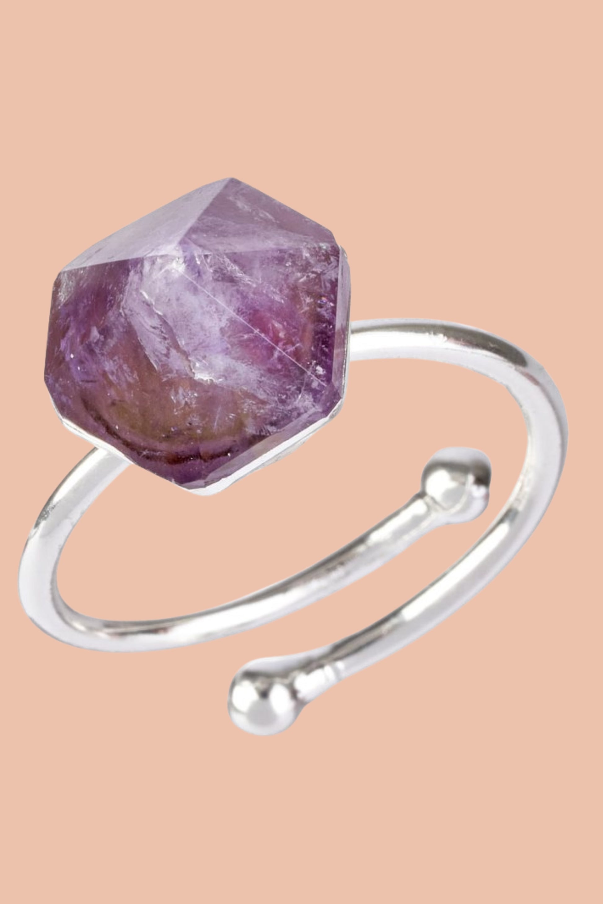 Amethyst Point Adjustable Ring, Silver Plated by Meraki Beach - Wear Your Energy Crystal Collection.