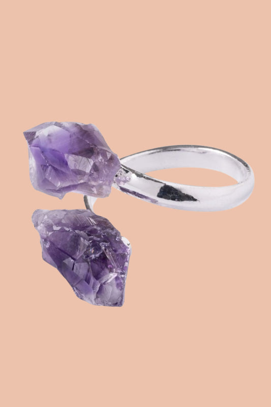 Amethyst Double Crystal Silver Plated Ring by Meraki Beach - Wear Your Energy Crystal Collection. 