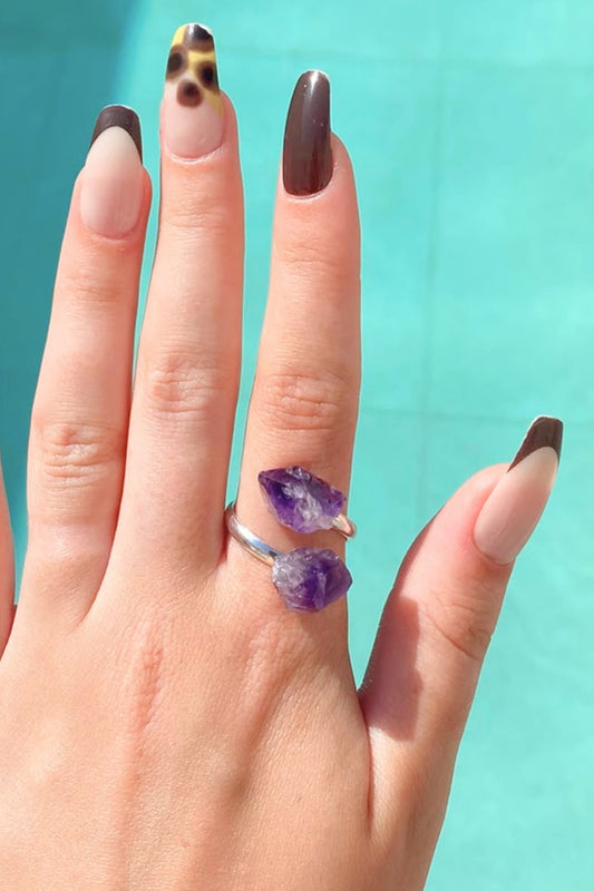 Amethyst Double Crystal Silver Plated Ring by Meraki Beach - Wear Your Energy Crystal Collection. 