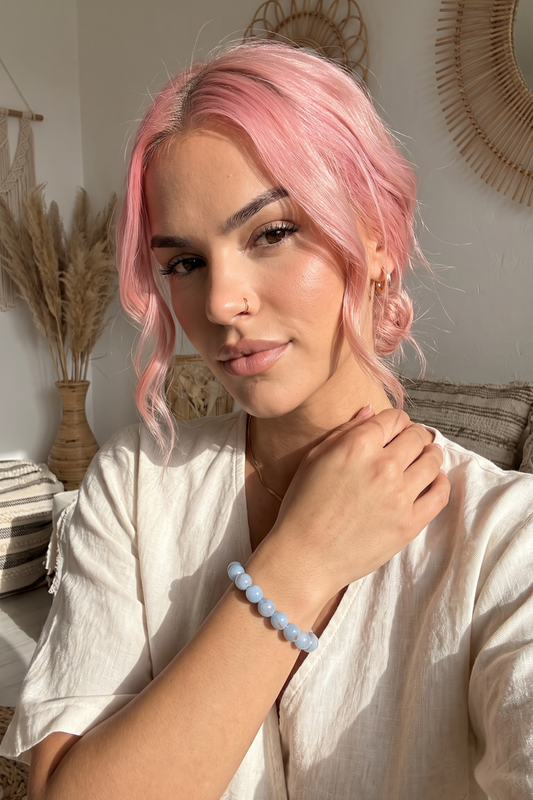 Angelite Crystal Bracelet with Natural 8-10mm Tumblestone Beads by Meraki Rituals Crystal Collection