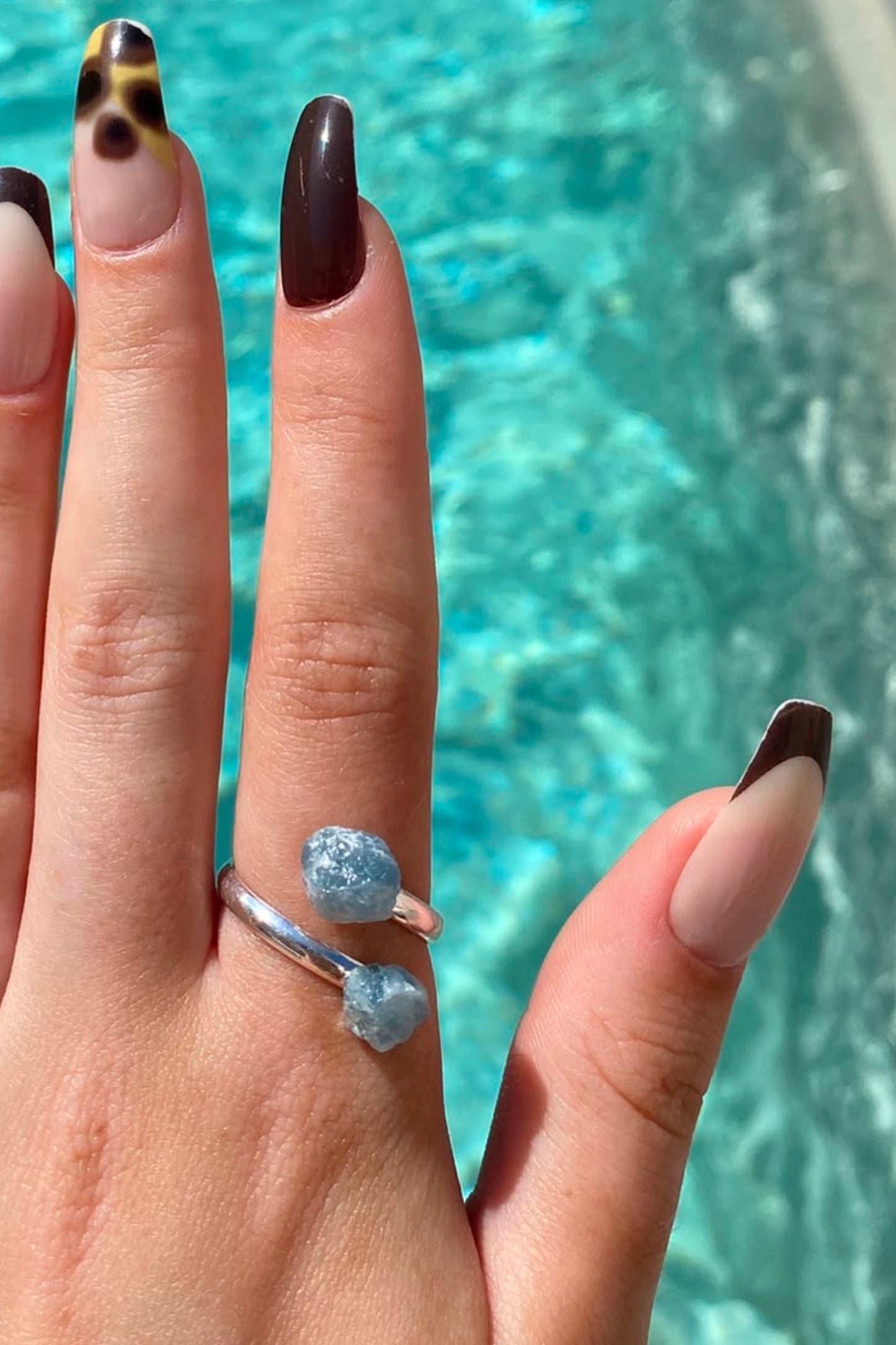 AQUAMARINE Rough Crystal Adjustable Ring – Silver Plated