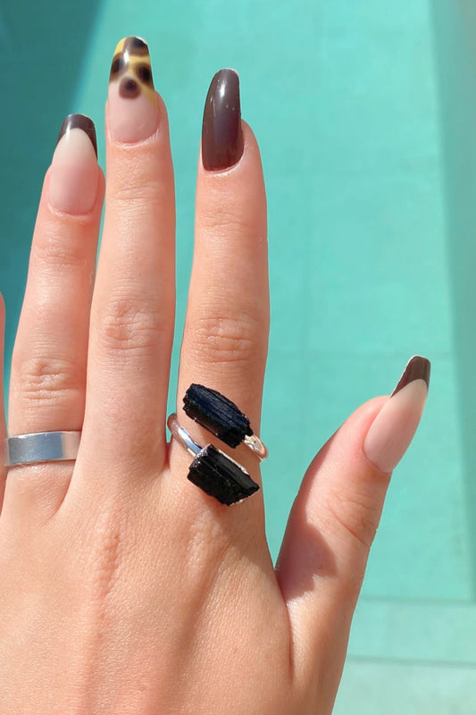 BLACK TOURMALINE Double Point Crystal Silver Plated Ring by Meraki Beach - Wear Your Energy Crystal Collection. 