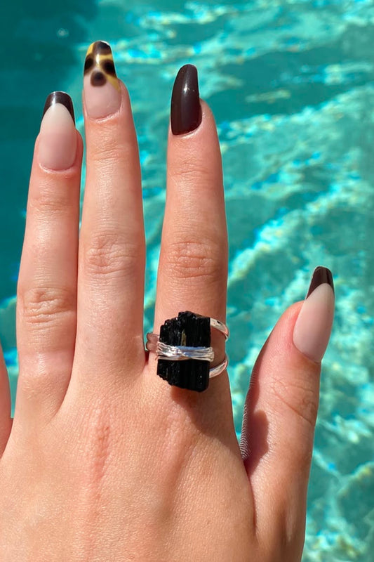 BLACK TOURMALINE silver plated ring by Meraki Beach Crystal Collection.