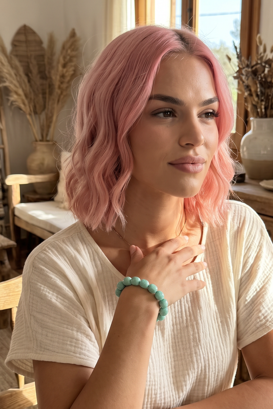 Natural Green Amazonite crystal bracelet with genuine 8-10mm tumblestone beads by Meraki Beach. Traditionally associated with courage, authenticity, growth and positive energy. Includes free crystal guide and jute hessian gift pouch.