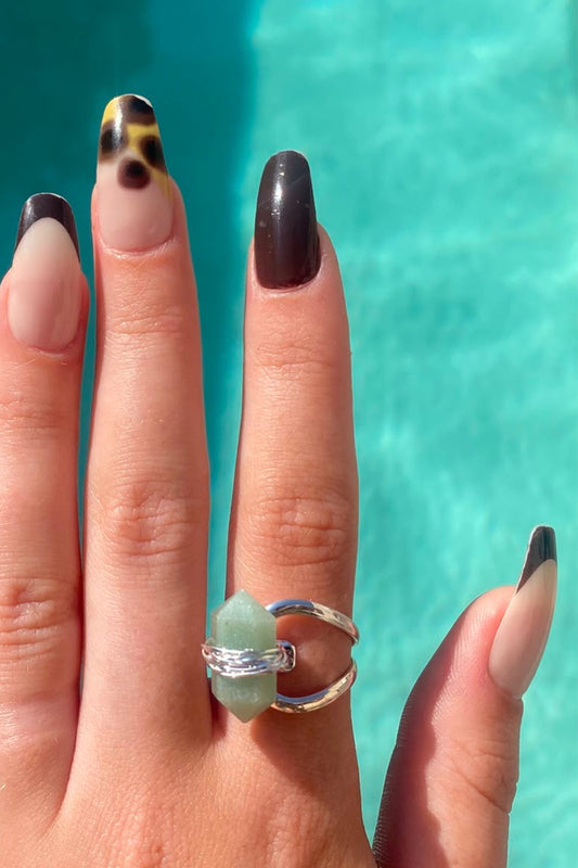 Green Quartz Double terminated Crystal Silver Plated Ring by Meraki Beach - Wear Your Energy Crystal Collection. 