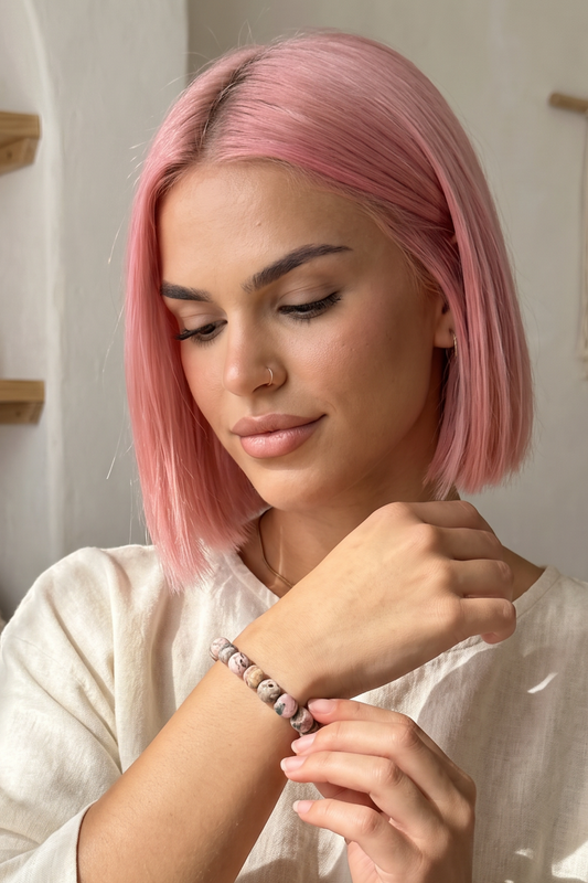 Rhodochrosite Healing Crystal Bracelet with Jute Hessian Gift Pouch by Meraki Breach - Wear Your Energy Crystal Collection.