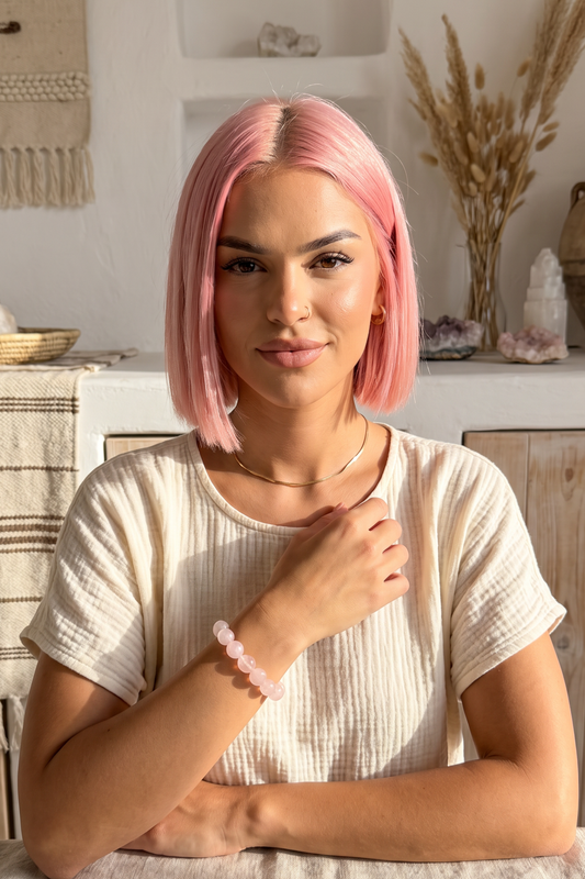 Rose Quartz Crystal Bracelet with Natural 8-10mm Tumblestone Beads By Meraki Rituals Crystal Collection.