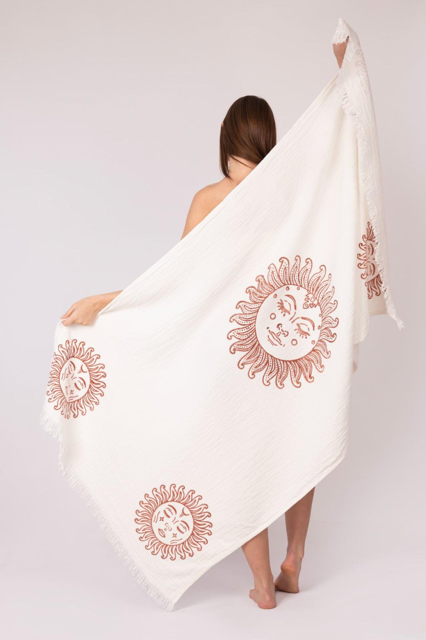 Girl in Meraki Beach OEKO-TEX certified organic cotton towel soft breathable fabric. Can be used as beach wrap and pashmina too.