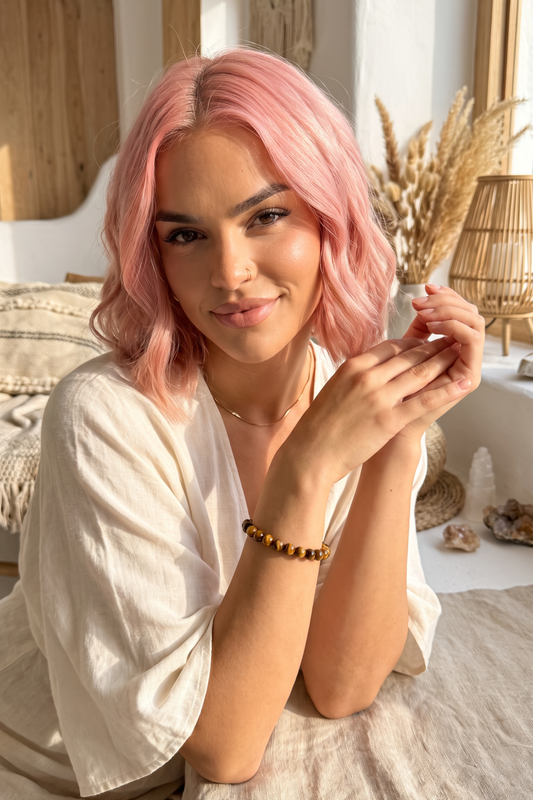 Tiger's Eye Crystal Bracelet with Free Crystal Guide and Cotton Storage Bag by Meraki Rituals Crystal Collection.
